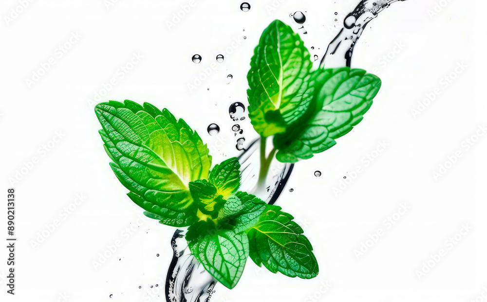mint leaves in a splash of water on a white background mint leaves in a splash of water on a white background