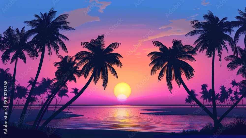 Obraz premium Tropical Beach With Palm Trees. Silhouettes Against Beautiful Sunset Sky