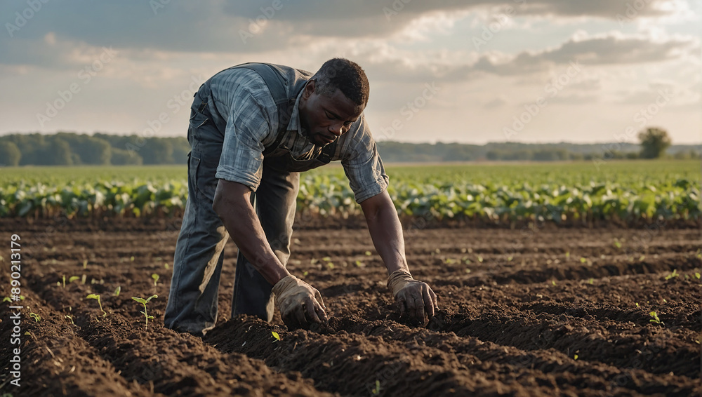 Fototapeta premium An African American farmer plants seeds in a field during a serene evening. The sky is overcast, creating a calm atmosphere as he works diligently on the fertile soil.