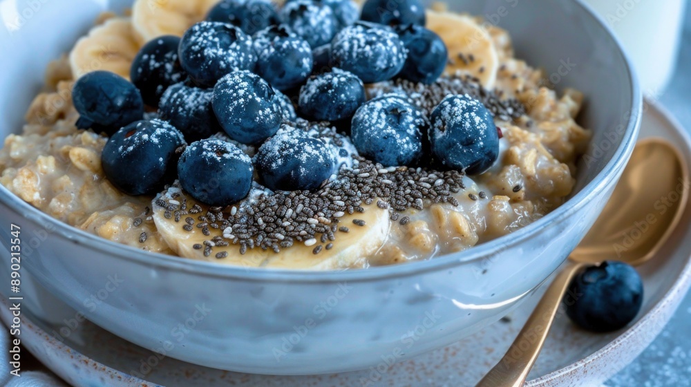 A diabetic-friendly breakfast featuring a bowl of oatmeal topped with fresh blueberries, a sprinkle of chia seeds, and a side of unsweetened almond milk