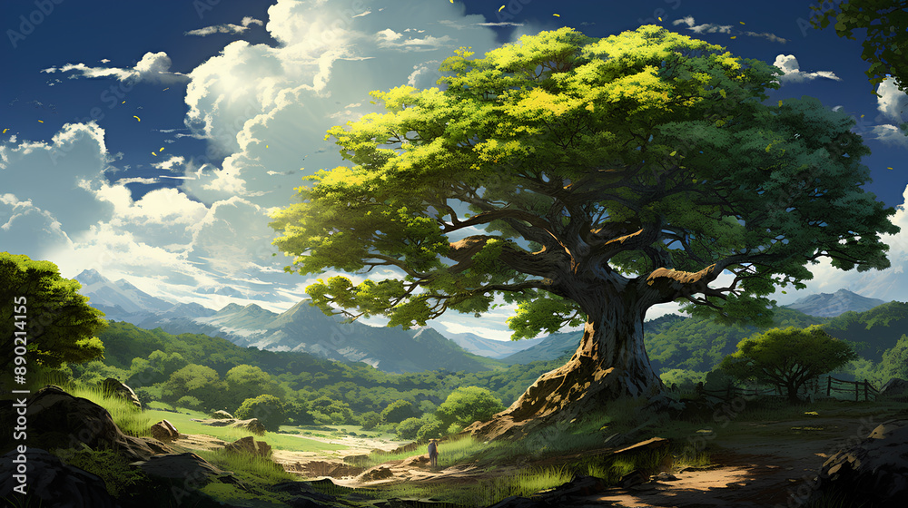 Obraz premium Scenic landscape with blue sky, clouds, and green trees in a peaceful countryside setting