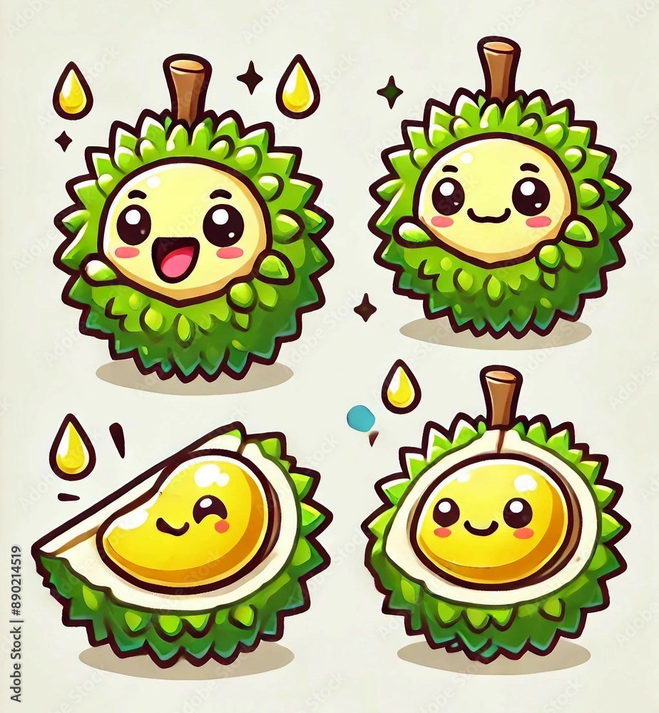 Cute Durian Characters with Cheerful Expressions Cute Durian Characters with Cheerful Expressions