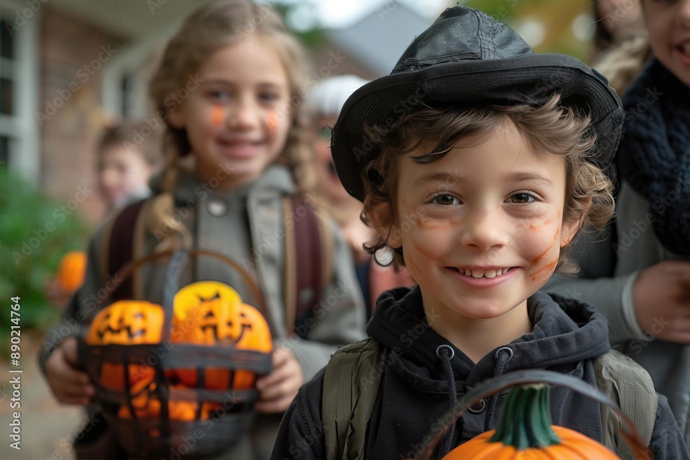 Group of kids trickortreating around the school, school Halloween, festive tradition Group of kids trickortreating around the school, school Halloween, festive tradition