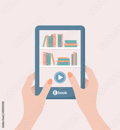 Female hands holding e-book reader with bookshelves and start button on the screen. Flat vector illustration
