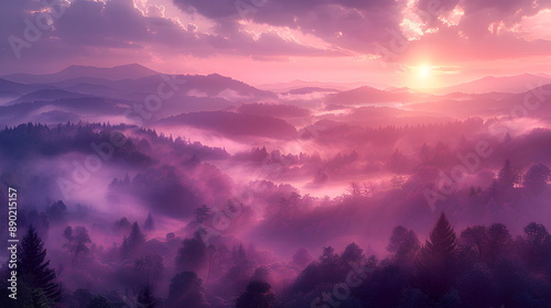 Horizontal landscape with lilac misty hills. Purple mountain panorama at dawn. © W.O.W