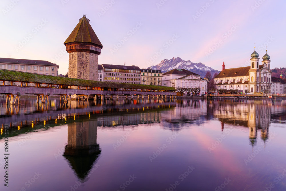 Sunrise view of the Chapel Bridge, Lucerne