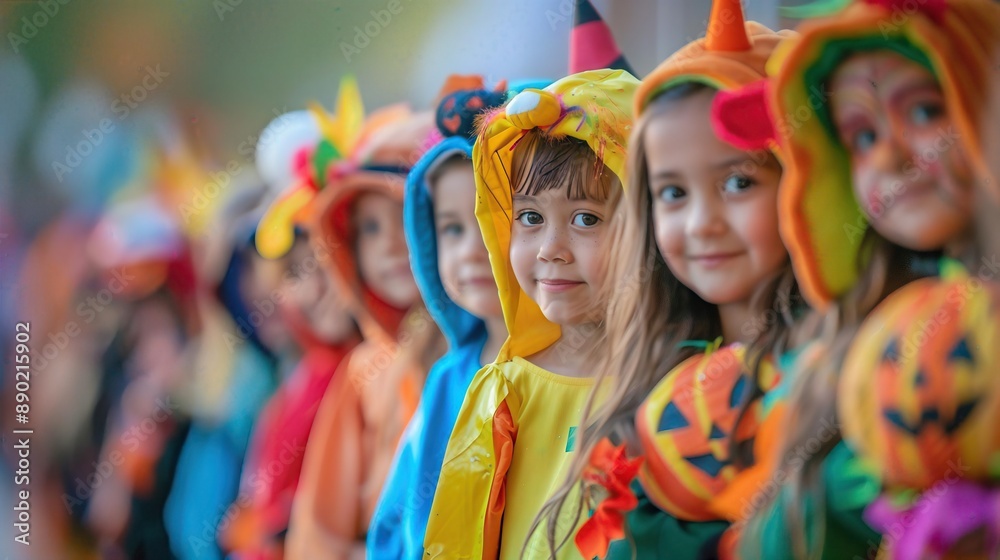 Students in Halloween costumes lining up for a parade, school Halloween, festive parade Students in Halloween costumes lining up for a parade, school Halloween, festive parade