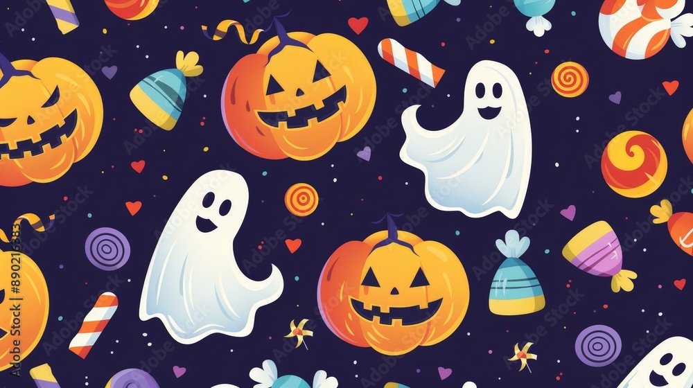 Develop a pattern that highlights the playful side of Halloween with cartoon pumpkins, friendly ghosts, and colorful candy. Develop a pattern that highlights the playful side of Halloween with cartoon pumpkins, friendly ghosts, and colorful candy.