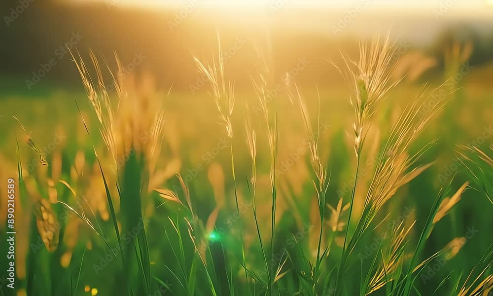 Green grass on the forest meadow at sunset. Wild grass swaying in the wind. Macro image, shallow depth of field. Beautiful summer nature background Green grass on the forest meadow at sunset. Wild grass swaying in the wind. Macro image, shallow depth of field. Beautiful summer nature background