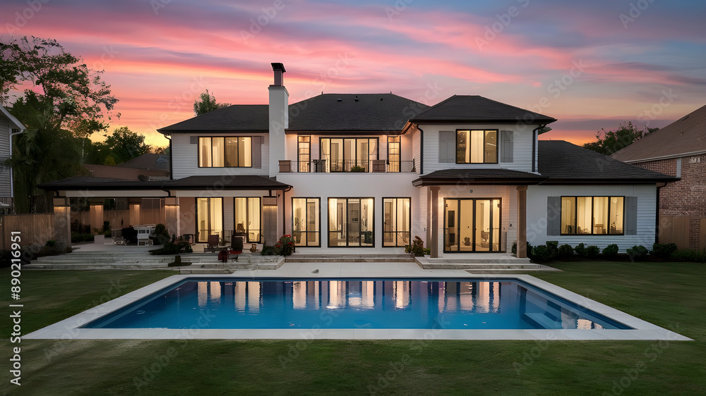 Obraz premium Rear View of a Luxury Home with a Lavish Swimming Pool