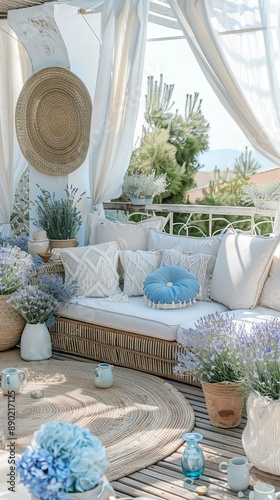Elegant Mediterranean Terrace: Rattan Lounge with White and Blue Accents, Macrame, and Lavender