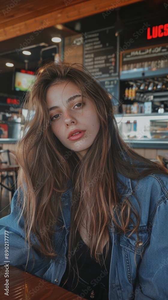 A woman with long straight hair, wearing a denim jacket, sits at a table in a coffee shop