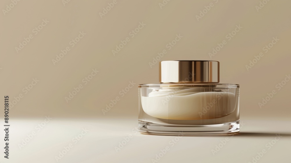 Elegant cosmetic cream jar with a golden lid, set against a soft beige background, perfect for beauty and skincare product advertisements. Elegant cosmetic cream jar with a golden lid, set against a soft beige background, perfect for beauty and skincare product advertisements.