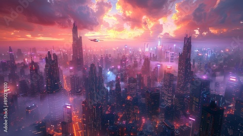 Futuristic cityscape at sunset - generative ai