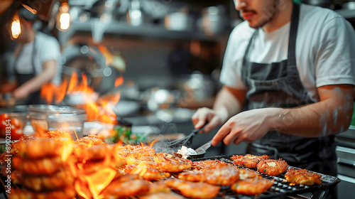 Man frying latkes (potato pancakes) in a kitchen during Hanukkah, adding applesauce and sour cream topping photo