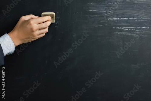 Teacher erasing the blackboard with a dusty eraser, school board, daily classroom routine photo