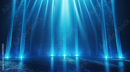 Abstract blue background with blue stage light and spotlights on empty floor. Blue light rays background. Podium for product presentation, party, dance hall, disco, theater, show. Beautiful background