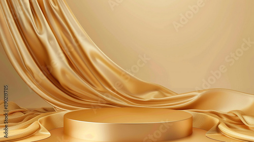 Gold podium background with wave line on brown background for product display presentation, premium product cosmetic. Luxury stage or podium with copy space area. 