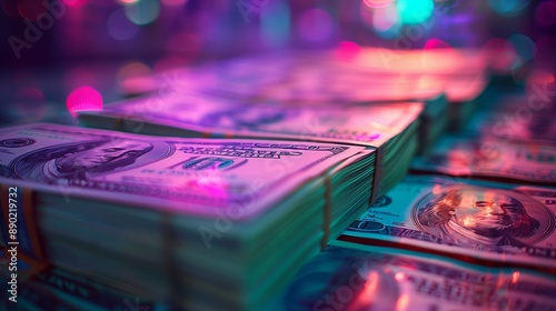 Stacks of US Dollar Bills Illuminated by Colorful Lights photo