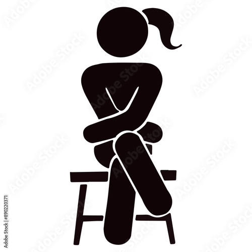 Illustration stick figure girl sitting on stool vector icon