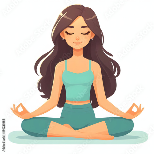 A young beautiful girl sitting in the lotus position, isolated on a white background, Flat vector Illustration