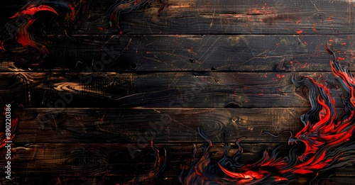 Ethereal flames dance across a weathered, wooden canvas, leaving a fiery orange and red trail that fades into the dark, textured background.