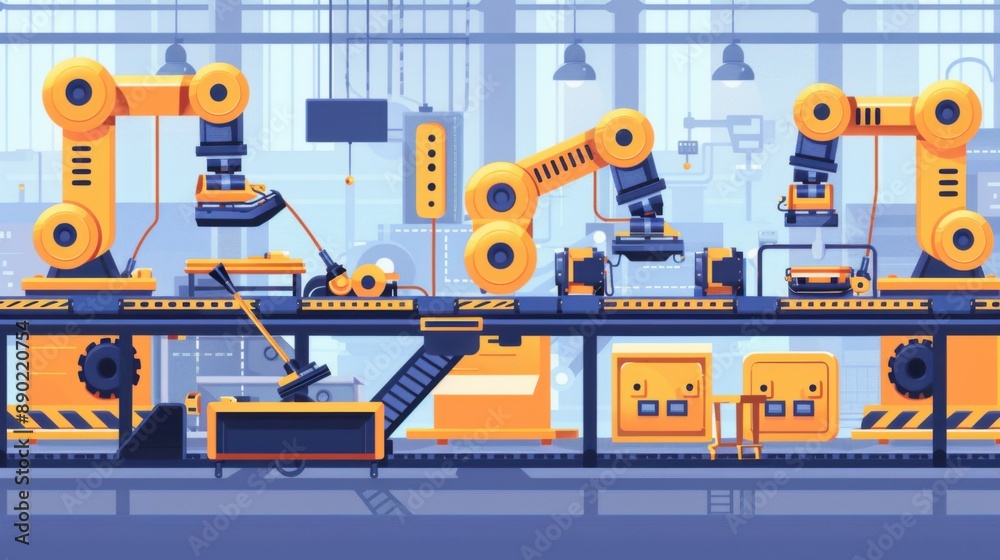 Modern automated factory assembly line illustration with robotic arms, conveyor belts, and machinery in a high-tech industrial setting. Modern automated factory assembly line illustration with robotic arms, conveyor belts, and machinery in a high-tech industrial setting.