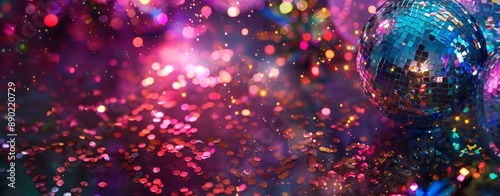 Under a shower of sparkling confetti, a gleaming disco ball reflects colorful, swirling lights onto the dance floor, igniting a vibrant atmosphere of celebration and revelry.