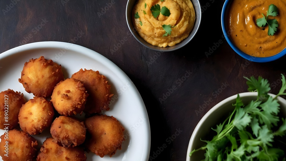 Plate of Fried Vadas with Dipping Sauces Plate of Fried Vadas with Dipping Sauces