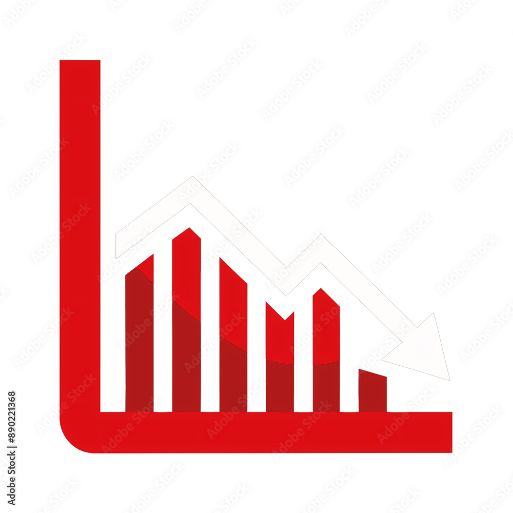 A red bar chart with a white downward arrow, representing a significant drop or decrease in data or performance metrics, on a transparent background A red bar chart with a white downward arrow, representing a significant drop or decrease in data or performance metrics, on a transparent background