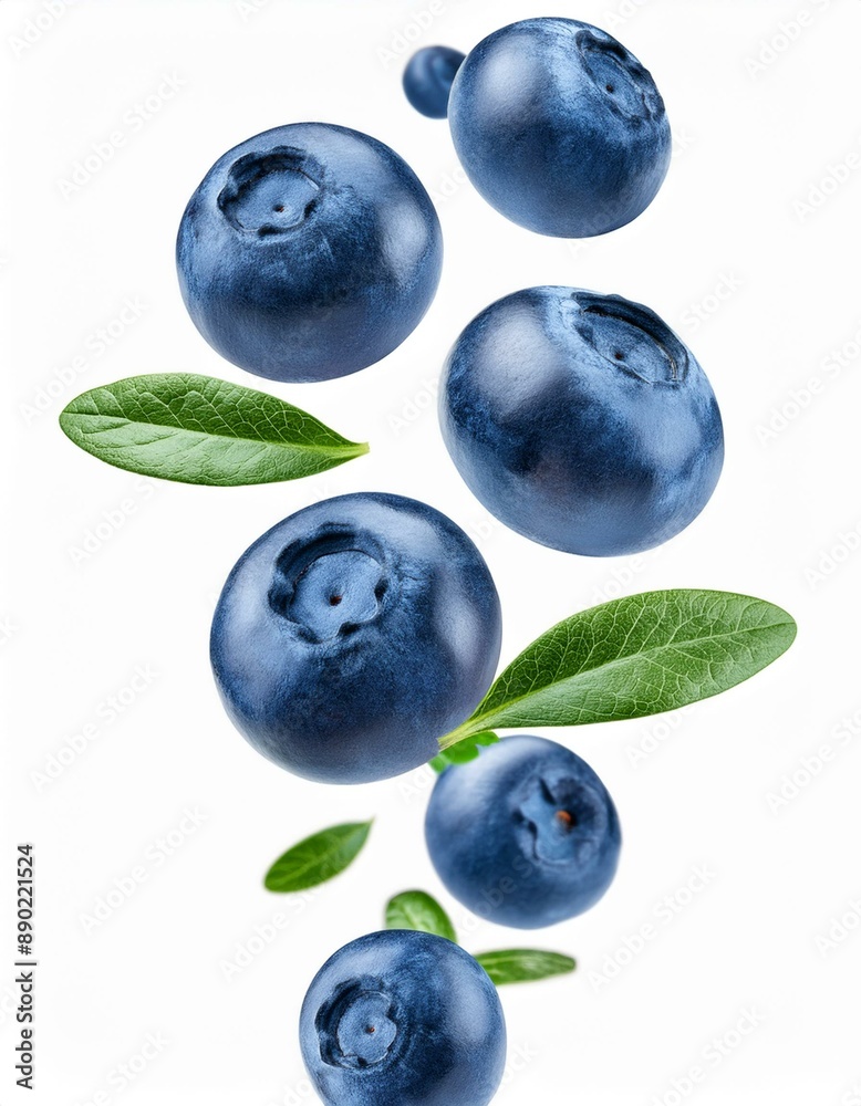 Fliegender Strudel aus Blaubeeren oder Heidelbeeren mit grünen Blättern, schwebend in der Luft, isoliert auf weißem Hintergrund. Beliebte saisonale Beerenfrucht. Fliegender Strudel aus Blaubeeren oder Heidelbeeren mit grünen Blättern, schwebend in der Luft, isoliert auf weißem Hintergrund. Beliebte saisonale Beerenfrucht.
