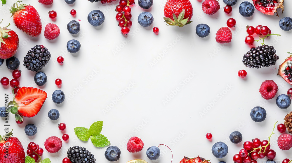 A variety of berries arranged in a frame shape on a white background.