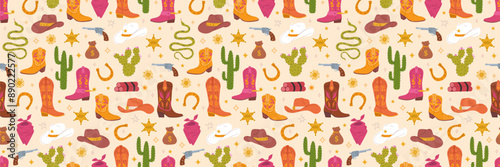 Cowboy vector seamless pattern. Wild West concept. Flat hand drawn illustration with hat, cactus, sheriff badge, and boots