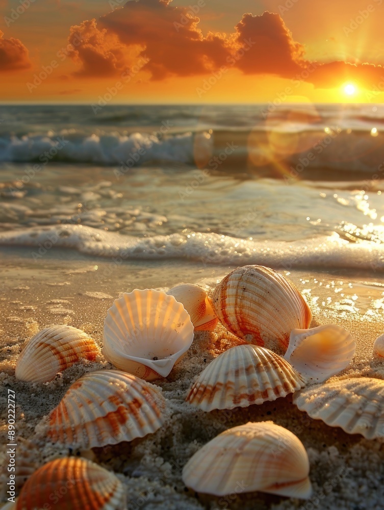 Seashells on the beach with a stunning sunset and blue sky, capturing the beauty of nature's seashore - Generative ai Seashells on the beach with a stunning sunset and blue sky, capturing the beauty of nature's seashore - Generative ai
