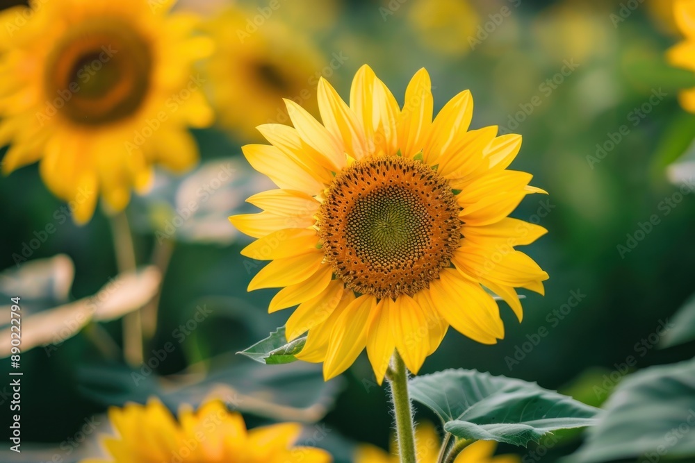 Naklejka premium Close-up of vibrant yellow sunflowers blooming in a summer field, showcasing nature's beauty and freshness - Generative ai