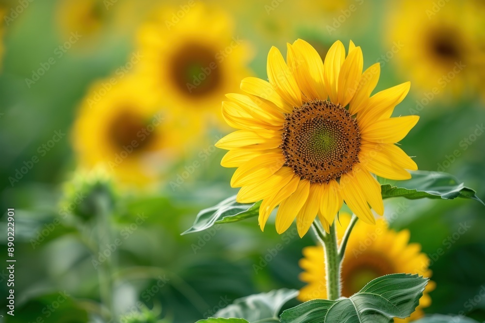A field of vibrant yellow sunflowers with one flower in focus, highlighting the beauty of nature - Generative ai A field of vibrant yellow sunflowers with one flower in focus, highlighting the beauty of nature - Generative ai