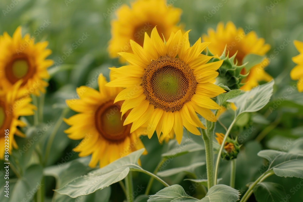 A field of vibrant yellow sunflowers with one flower in focus, highlighting the beauty of nature - Generative ai A field of vibrant yellow sunflowers with one flower in focus, highlighting the beauty of nature - Generative ai