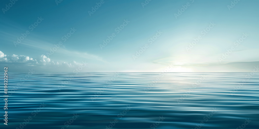 Fototapeta premium Abstract background with view of calm sea under blue sky, realistic style, relaxing effect.