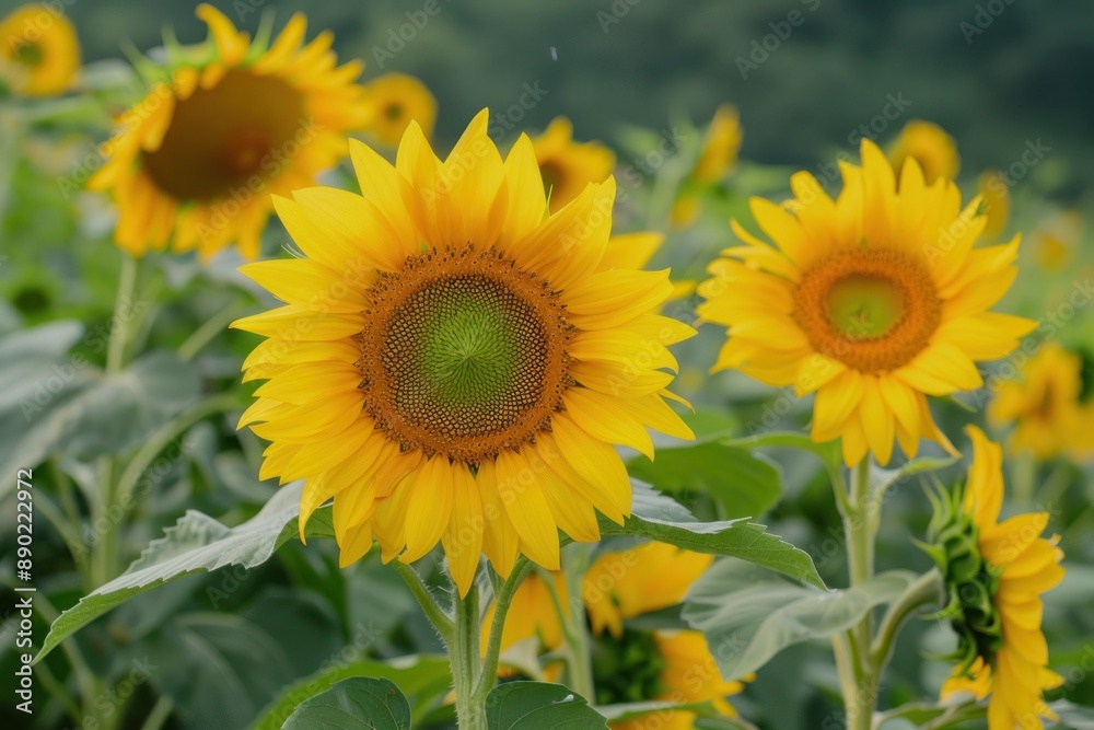 A field of vibrant yellow sunflowers with one flower in focus, highlighting the beauty of nature - Generative ai A field of vibrant yellow sunflowers with one flower in focus, highlighting the beauty of nature - Generative ai