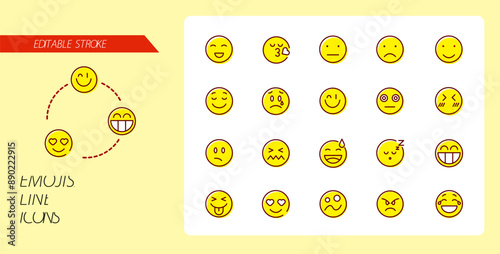 Emojis. Emotions. A vector image. Editable icons. Linear style.