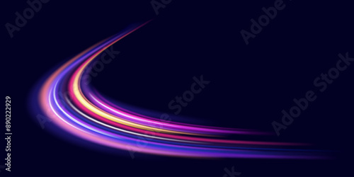 Abstract neon light rays background. A Colorful Motion Background of City Light Trails. Purple glowing wave swirl, impulse cable lines. Long time exposure. VectorГрафика и иллюстрации