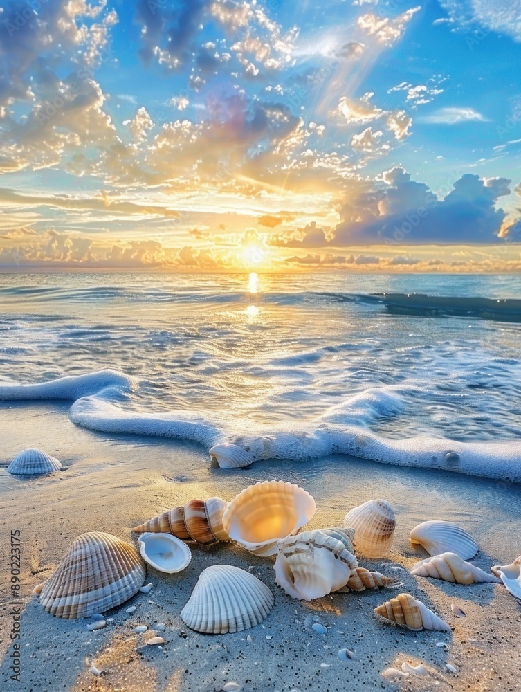 Seashells on the beach with a stunning sunset and blue sky, capturing the beauty of nature's seashore - Generative ai Seashells on the beach with a stunning sunset and blue sky, capturing the beauty of nature's seashore - Generative ai