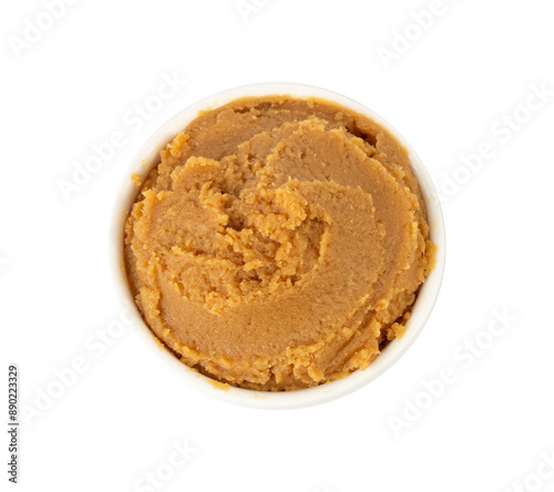 Miso paste isolated. Japanese shiro miso seasoning sauce, fermented soybean spread, brown soy cream