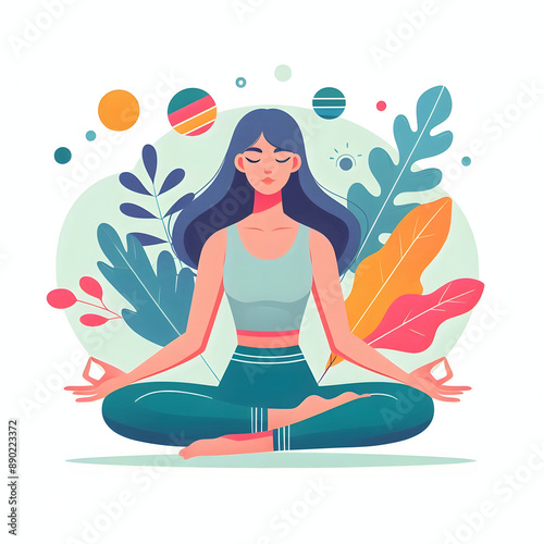 A young beautiful girl sitting in the lotus position, isolated on a white background, Flat vector Illustration