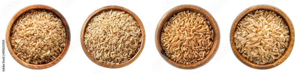 Rice in wooden bowl isolated, top view, PNG set Rice in wooden bowl isolated, top view, PNG set