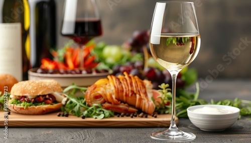 Food and drink pairing, wine with a gourmet meal photo