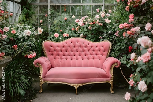 Backdrop, pink velvet vintage sofa with gold trim, surrounded by lush green plants, pink flowers, in an English garden, wedding ceremony. Photography graphics. © Rebecca Jestico