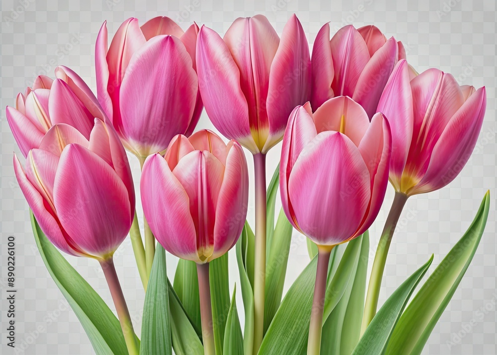 Vibrant pink tulips with delicate petals and yellow centers isolated on a clean transparent background, perfect for spring or floral design projects. Vibrant pink tulips with delicate petals and yellow centers isolated on a clean transparent background, perfect for spring or floral design projects.