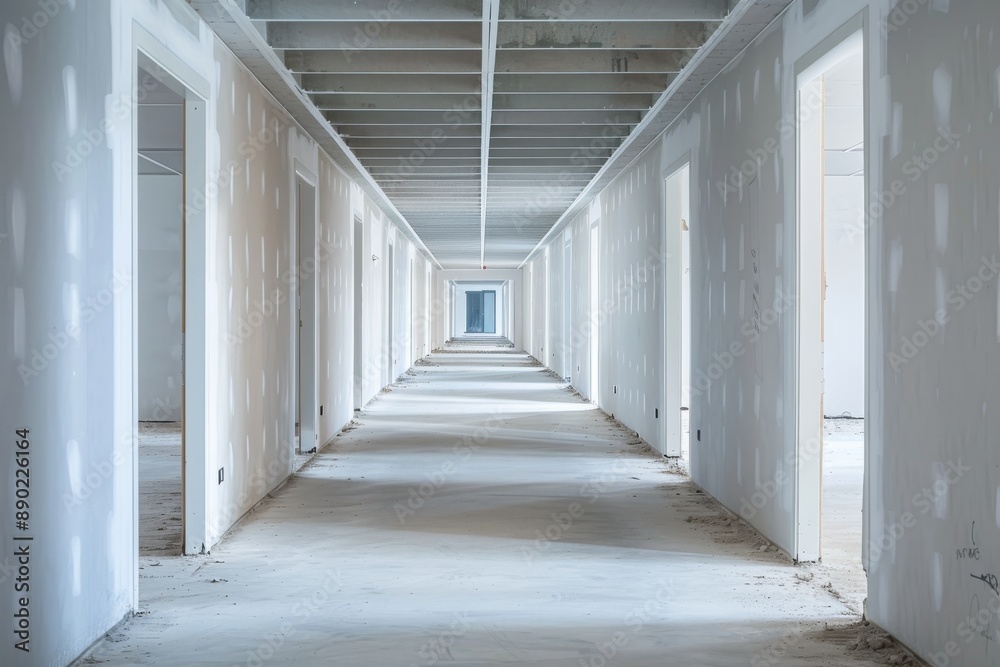 Long empty corridor in a new building under construction, with white walls and ceiling with beams and tiles. Long empty corridor in a new building under construction, with white walls and ceiling with beams and tiles.