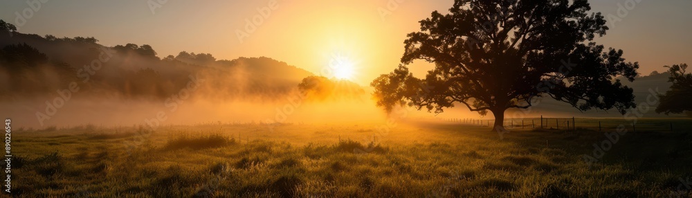 Stunning Sunrise Over Misty Countryside with Large Oak Tree and Rolling Hills in the Background Stunning Sunrise Over Misty Countryside with Large Oak Tree and Rolling Hills in the Background